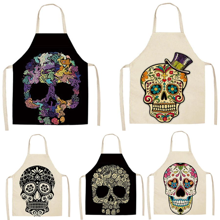 

1Pcs Skull Pattern Kitchen Apron for Cooking Sleeveless Cotton Linen aprons for woman Adult Bibs Home Cleaning Accessories