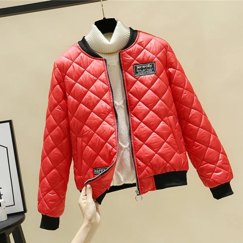 Autumn Winter for Women Lady Down Short Rhombus Pattern Coat Female Bomber Jacket