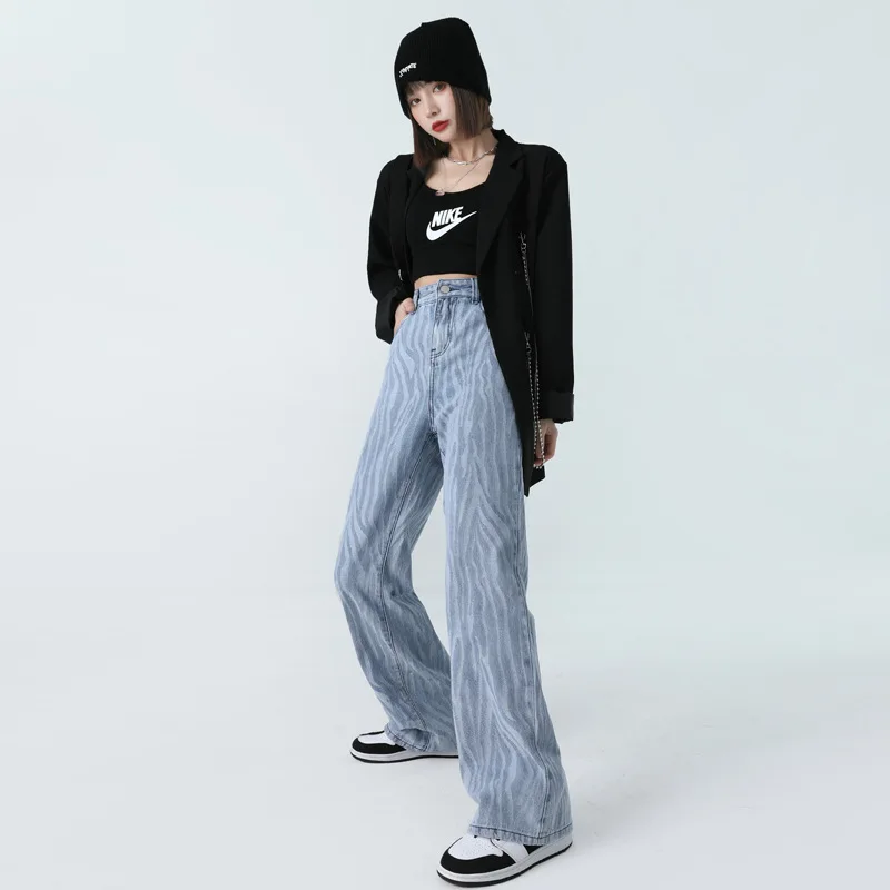 

Women Zebra Stripe Straight Jeans Cotton Blue Washed High Wasit Pants Female Chic Slim Casual Basic Comfort Denim Trousers