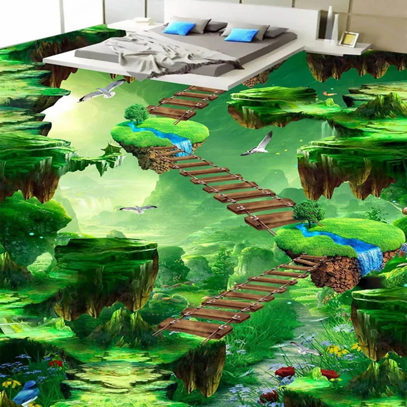 Custom 3D Mural Green Mountain Forest Landscape Walkway Path PVC Self-adhesive Floor Sticker Living Room Corridor Hall Wallpaper