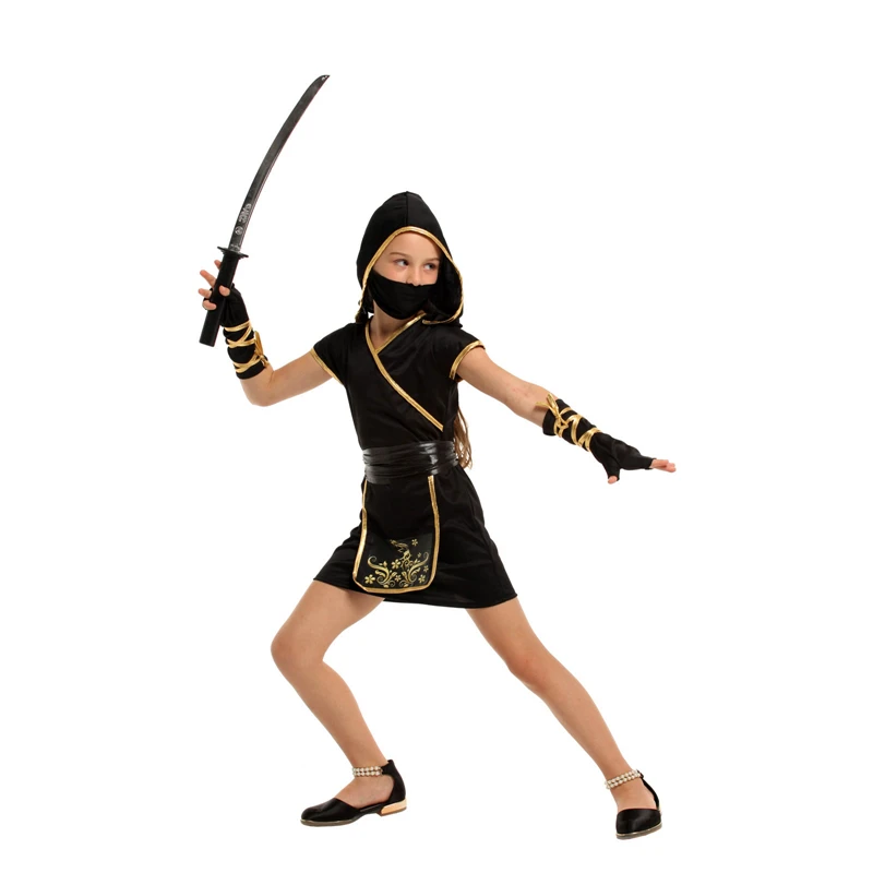 Kids Child Japan Samurai Black Gold Ninja Girl Costume Cosplay for Girls Carnival Purim Halloween Costumes Fancy Dress 3-4T 4-8Y - Image 4
