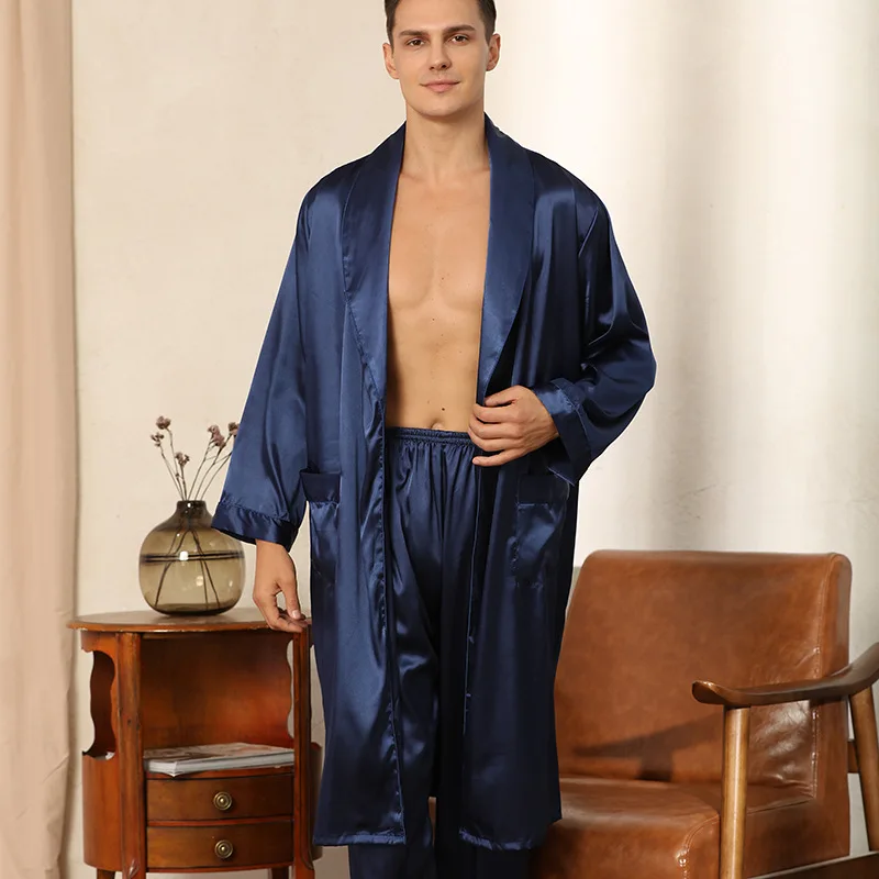 Satin Robe&Pants Set Casual Sleepwear Male Solid Nightgown Kimono Bathrobe Gown Loose 2 Pieces Suit Nightwear Home Clothes