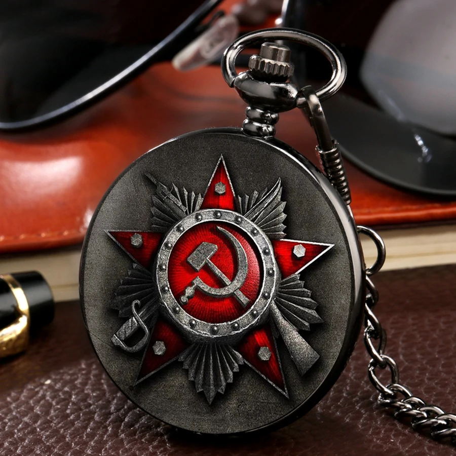 Retro CCCP Russia Soviet Union Russian Flag Hammer Badges Sickle Pocket Watch Hook Design USSR Necklace Chain Gift for Men Women