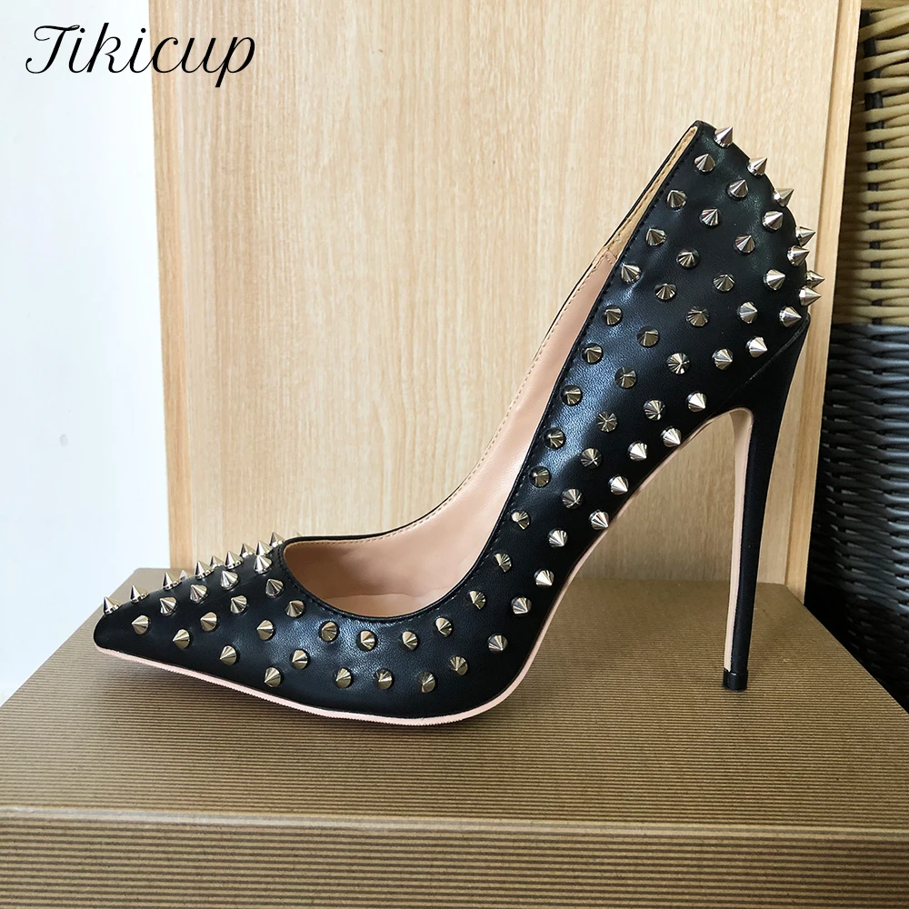 Tikicup Silver Spikes Women Black Matte Sexy Stiletto High Heels Ladies Wild Party Club High Heel Shoes 8cm 10cm 12cm Customize