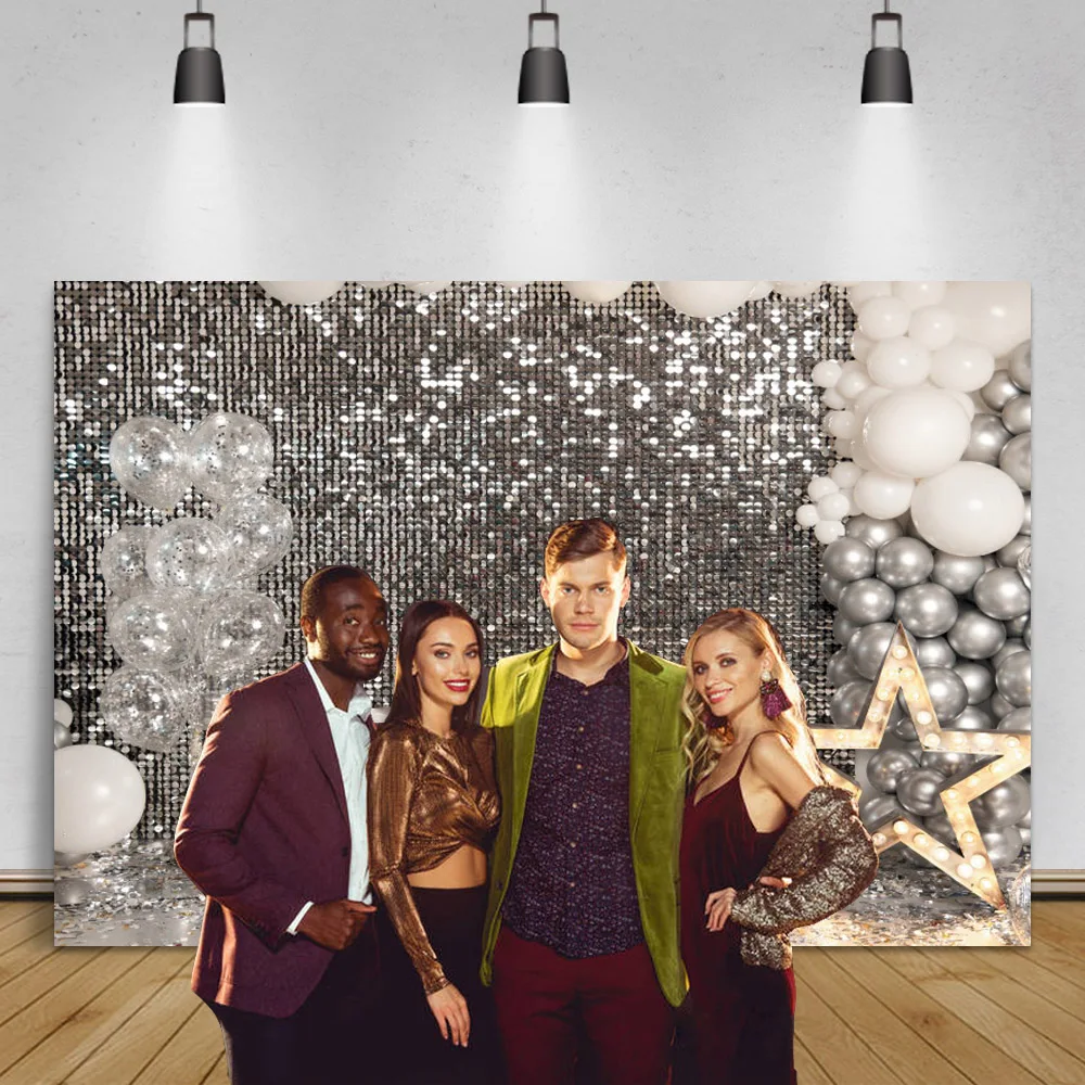 Laeacco Sliver Glitter Background Photocall Balloons Star Birthday Photographic Backdrop Photozone For Photo Studio Props