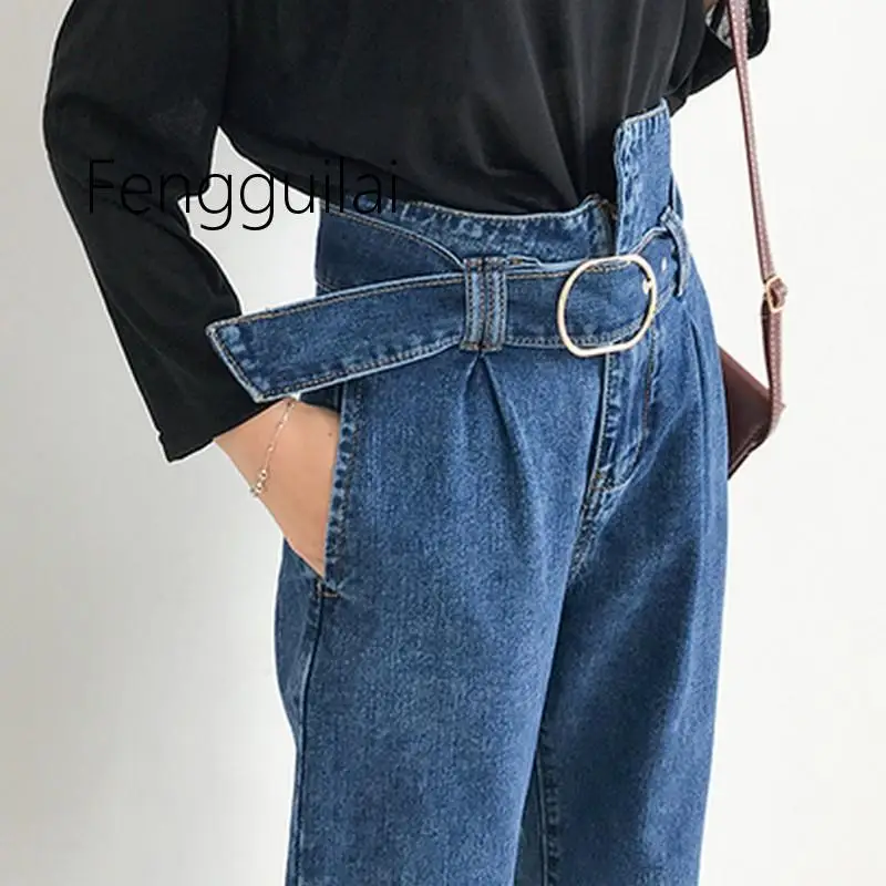 2021 Boyfriend Jeans for Women Fashion Streetwear Loose Women Jeans with High Waist Personality Irregularl Belt Vintage Denim Pa