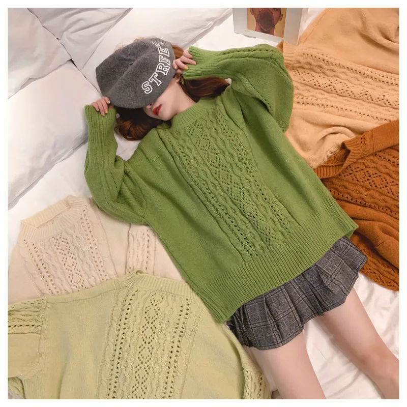 

H9535 Fall Winter Pullover Women Korean Loose Hollow-out Round Collar Knitted Jumper Top Girl Solid Color Warm College Sweaters