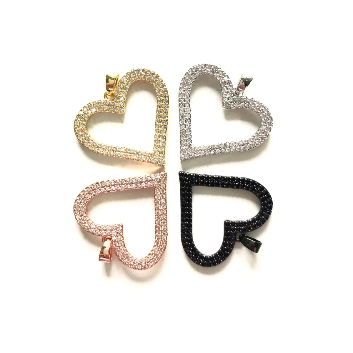 5pcs Heart Pendant for Women Bracelet Making Clear Black Rhinestone Cubic Zirconia Pave Gold-Plated Charm for Necklace Accessory