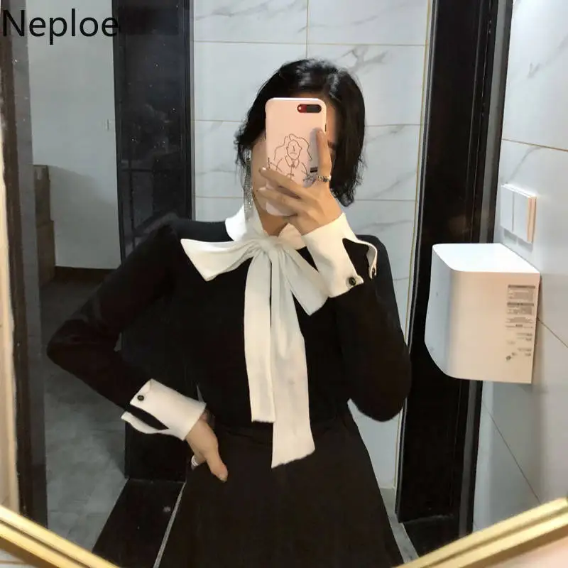 Neploe 2023ฤดูใบไม้ผลิเกาหลีผู้หญิง Slim เสื้อกันหนาวฤดูหนาวเสื้อผ้าถักลูกไม้แขนยาว Elegant เสื้อสตรี90400