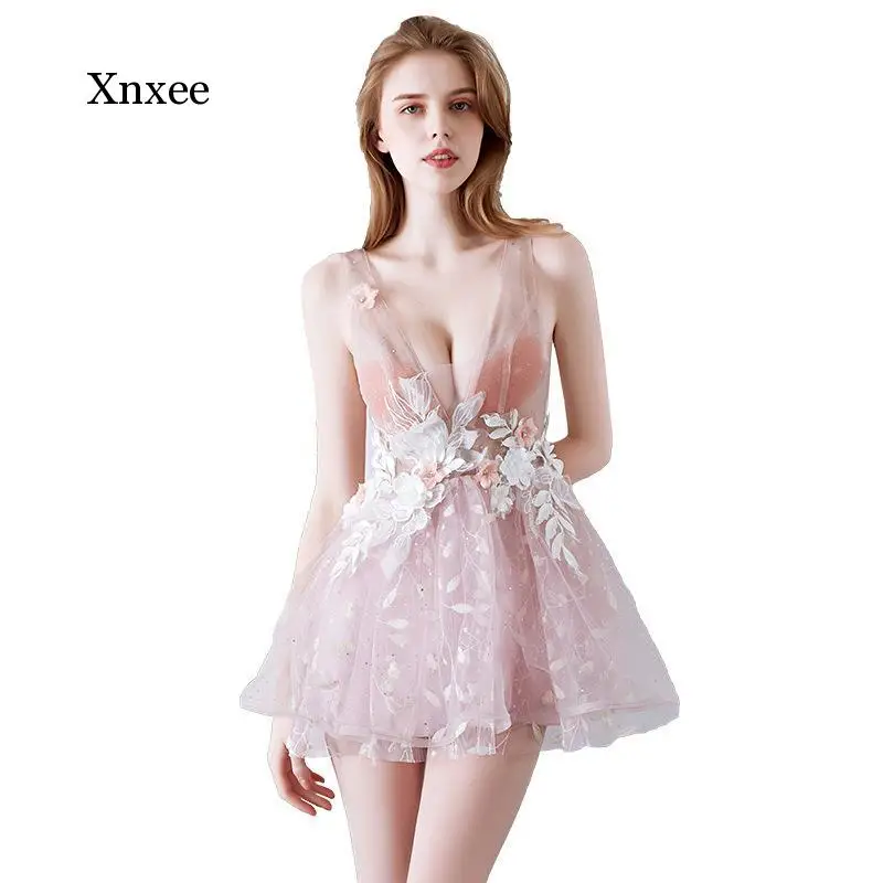 Lace Chiffon Sexy A-Line Mini Dress Sweet Girl Fashion Embroidery Deep V Backless Graduation Night Party Dress Short Style Dress