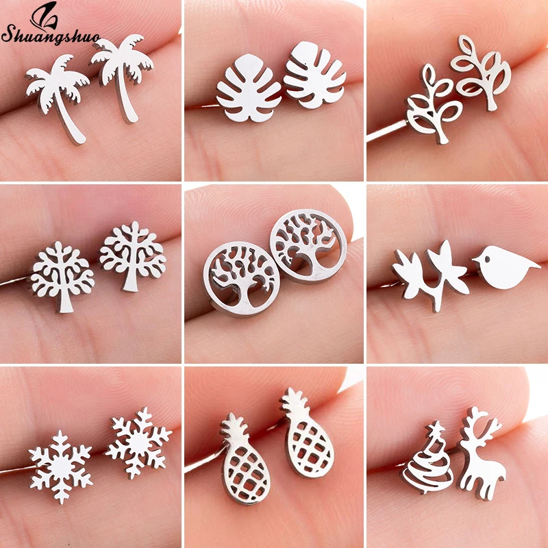

Shuangshuo Fashion Stainless Steel Tree Earrings for Women Cute Pineapple Natural Plant Stud Earrings Piercing Snowflake Jewelry