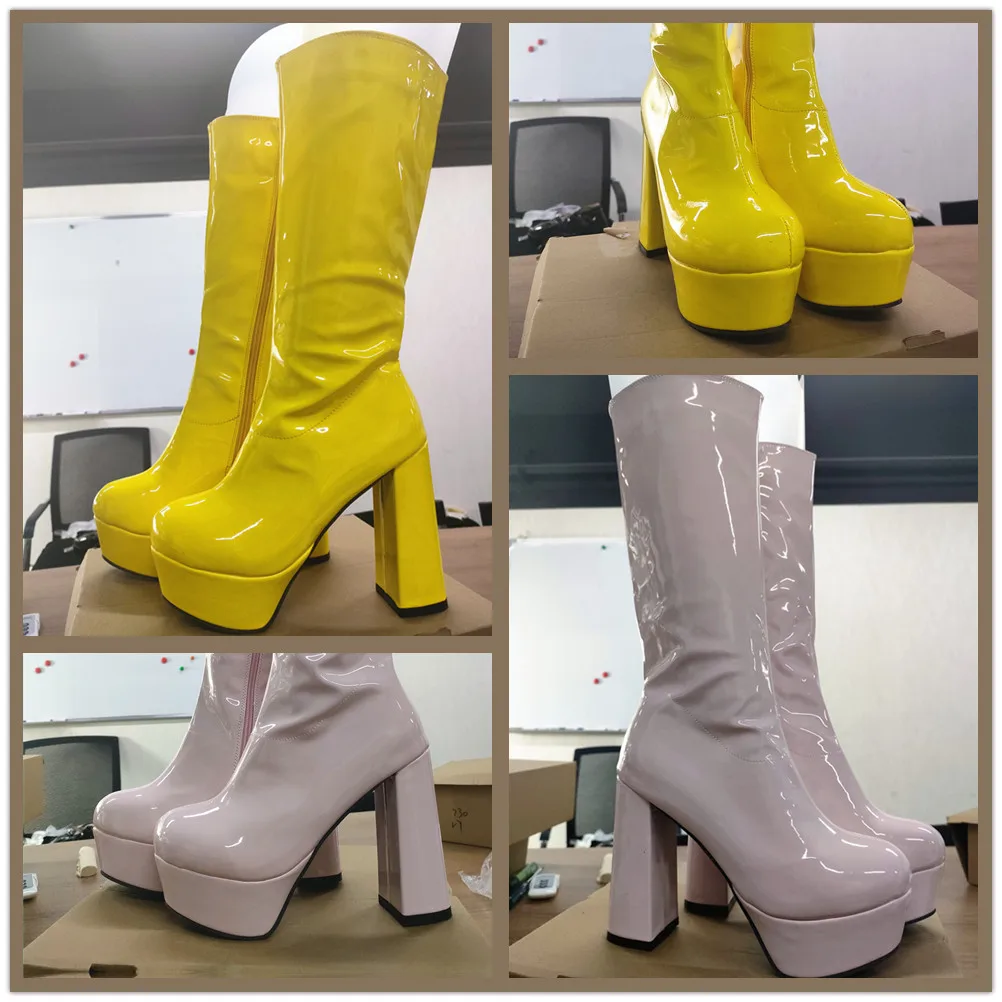 Ladies Platform Chunky Heel Med Calf Boots Women High Quality Fashion Goth Style Shoes Candy Color Woman Hot Sale Brand New