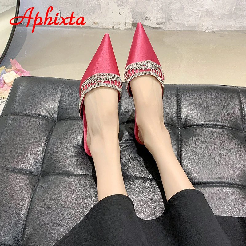 Aphixta Women Shoes Fashion Slippers Crystals Fringe Shallow Rose Red Silk Flat Heel Autumn Floral Point Toe Black Slides Mules