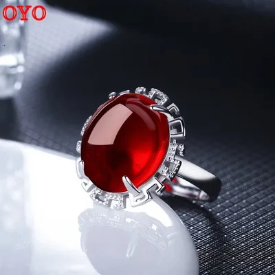 

Natural green agate chalcedony red corundum ring ring female Japanese and Korean S925 sterling silver live open index finger