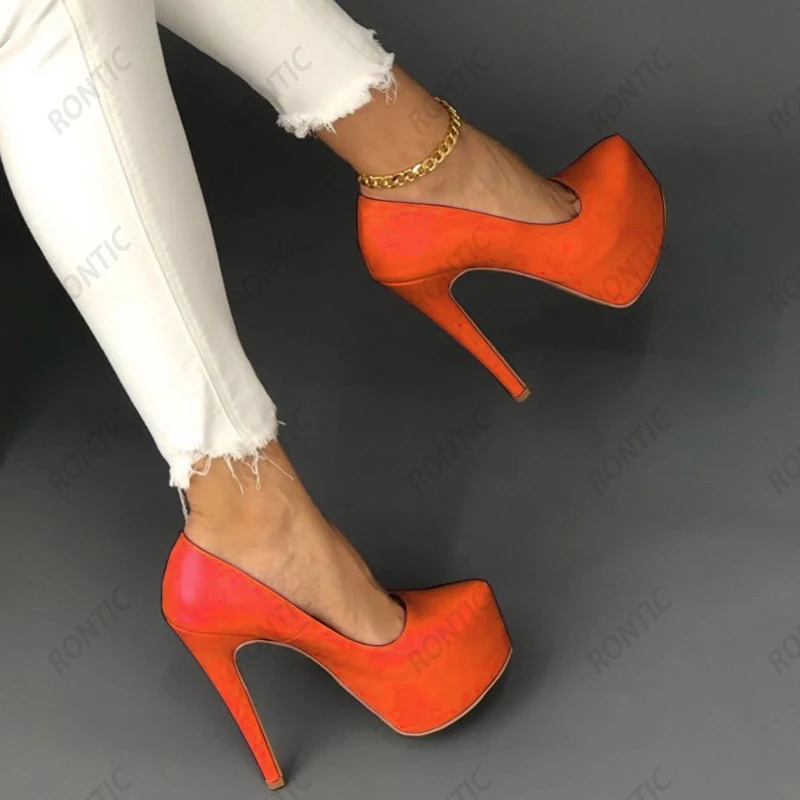 Rontic New Women Platform Pumps Sexy Stiletto Heels Round Toe Gorgeous Pink White Orange Red Dress Shoes Women US Size 5-20