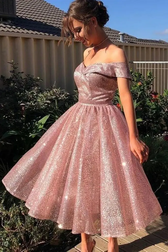 Shiny Off Shoulder Pink Prom Dress Bling Sequined Ball Gown Sweetheart Tea Length robe soiree Dubai Woman Ceremony Gown Evening