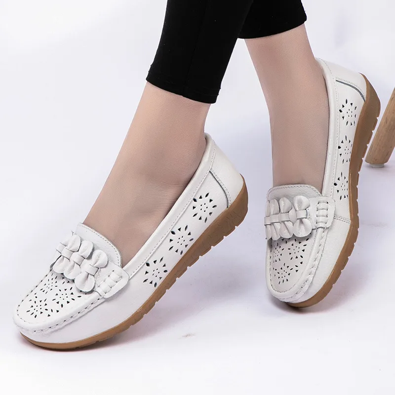 Fashion Women Flats Shoes Genuine Leather Women Shoes Wedge Shoes Ladies Cutout Loafers Slip On Ballet Flats Ballerines Flats