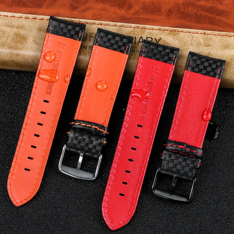 Lederen Armband Carbonfiber Graan Horlogeband 18Mm 20Mm Rood Oranje Stiksels Watch Band 21Mm 22Mm 23mm 24Mm Horloge Band