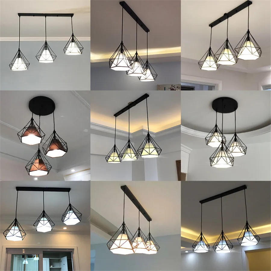 Nordic Pendant Light Modern Chandeliers Living Room Kitchen Iron Diamond Cage Hanging Lamp Decor Indoor Lighting Fixtures