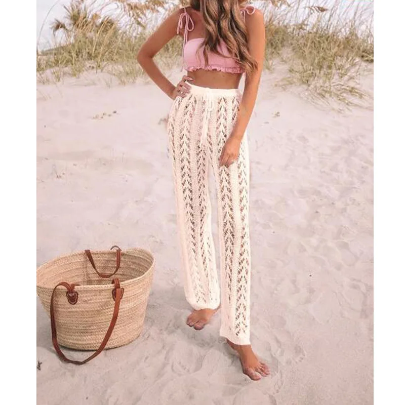 Women Sexy Hollow Out Design Pants, Solid Color Elastic High Waist Straight-leg Trousers,Beach Casual Pants, 7Colors,S/ M/ L/ XL