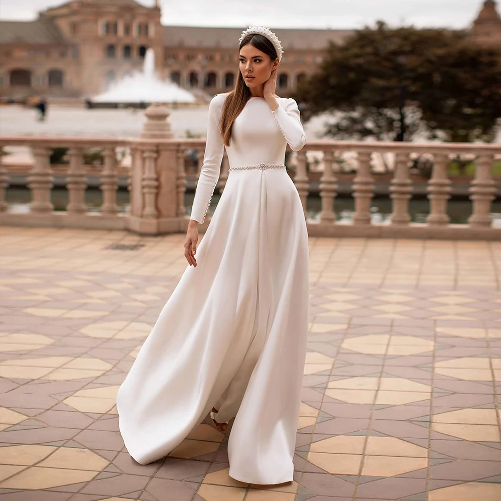 

Trouwjurk Long Sleeve Satin Wedding Dress Crystal Beading Waist Simple Vestido de Noiva Illusion Back Fashion Robe Mariage