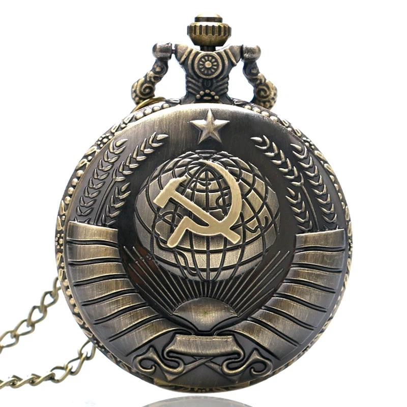 5pcs/set Retro USSR Soviet Badges Sickle Hammer Style Quartz Pocket Watch CCCP Russia Emblem Communism Necklace Chain Gifts Sets