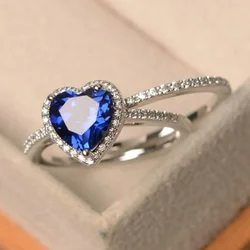 Jianjie 2Pcs/set Dark Blue Heart Zircon Shape Rings for Wedding Women Romantic Sparkling New Ring Jewelry Accessories
