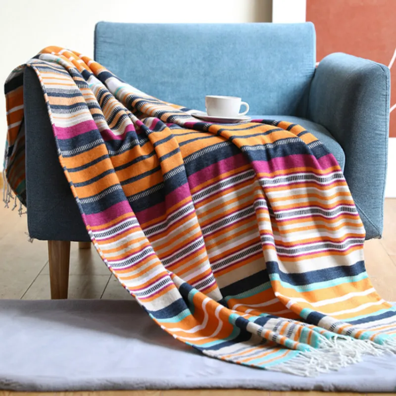 

Textile City Europe Style Colorful Sofa Cover Comfy Soft Summer Throw Blanket for Bed Bohemia Stripeed Tassels Blanket 127x172cm
