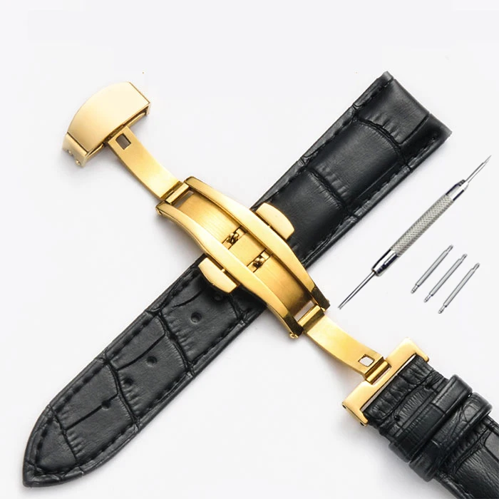 Watch Band Strap Butterfly Pattern Genuine Leather Deployant Buckle Bracelet Brown Black Watchbands 12-24mm