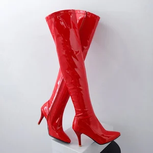 Oberschenkelhochs Frauen rot weiß schwarze Mode auf Kniestiefel Patent sexy Reißverschluss Nachtclub Lady Lady Schuhe Großgröße 48 8 Hauptverkäufe Bota Weiß am Knie - №3