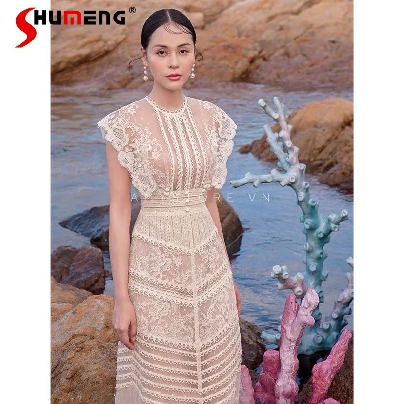 

2023 Summer New Woman Leisure Lace Short Sleeve Midi Dresses for Women Retro Sexy O Neck High Waisted Dress Women Clothes