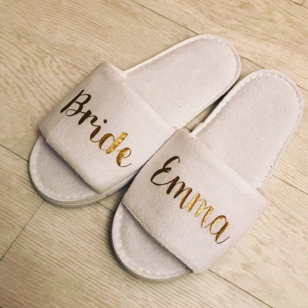 gold silver wedding Slippers,custom name bride Slippers,bridesmaid proposal Gift,terry Bachelorette Slippers hen party spa favor