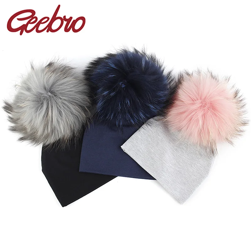 Geebro Newborn Kids Baby Boys Girls Warm Winter Spotted Cotton Beanie Multi-color Real Fur Pompm Bobble Hat Cap Winter Warm Hat