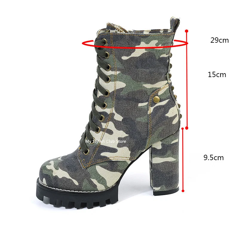 Camuflagem lona botas de salto redondo grosso botas de tornozelo denim primavera outono botas curtas rendas até rebites plataforma botas