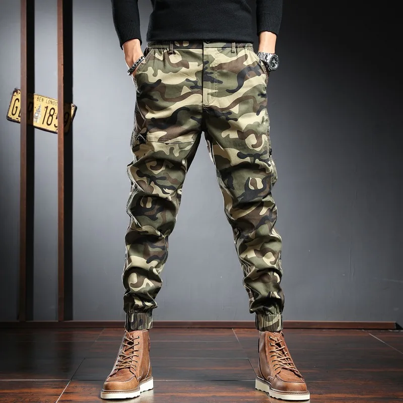 Camouflage Tactical Cargo Pants Men Baggy Cotton Casual Streetwear Hip Hop Khaki Slim Fit Trousers