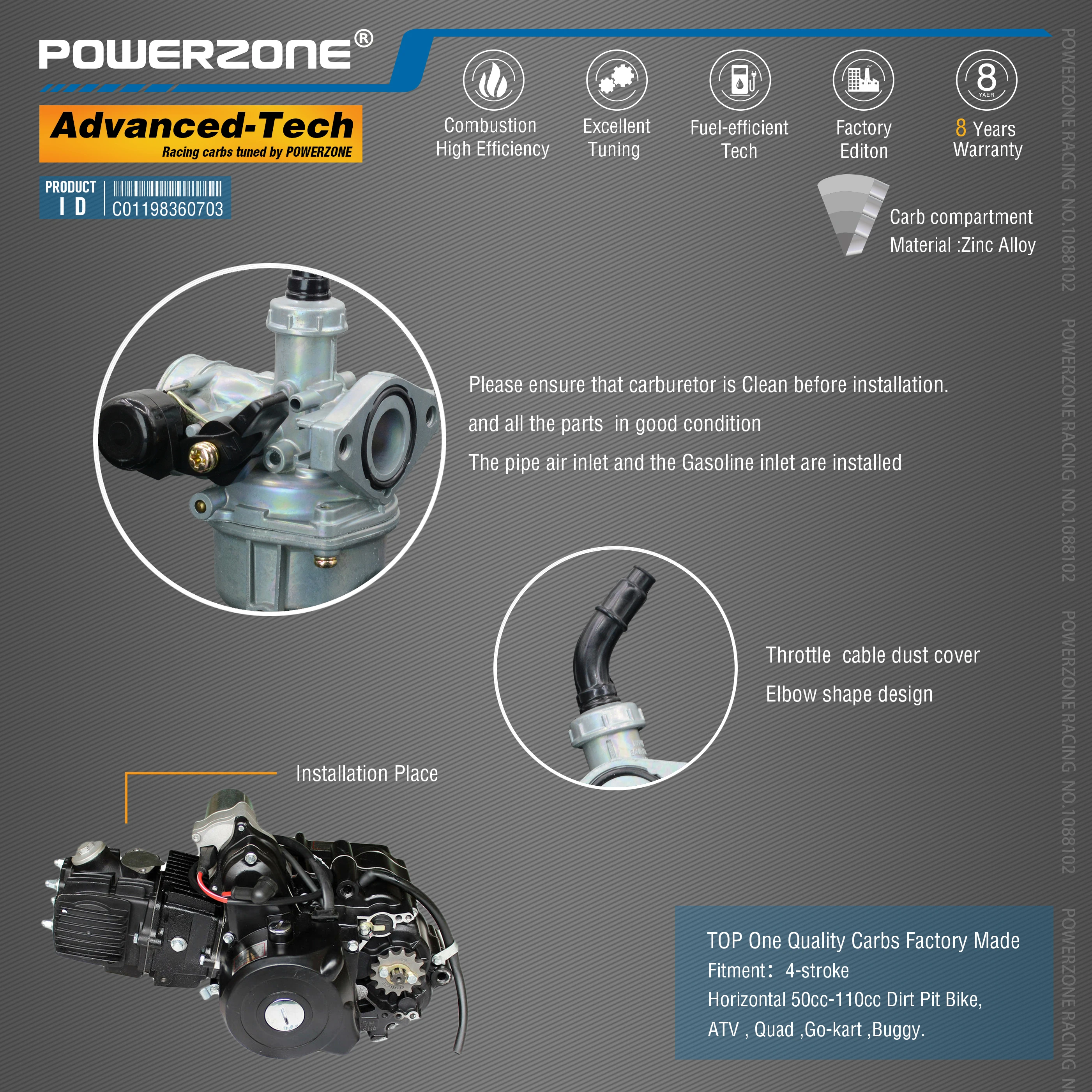 Powerzone  Carburetor PZ19 19mm  CVK  Accelerator Pump Carb For Horizontal 50cc-110cc Dirt Pit Bike,ATV , Quad ,Go-kart ,Buggy