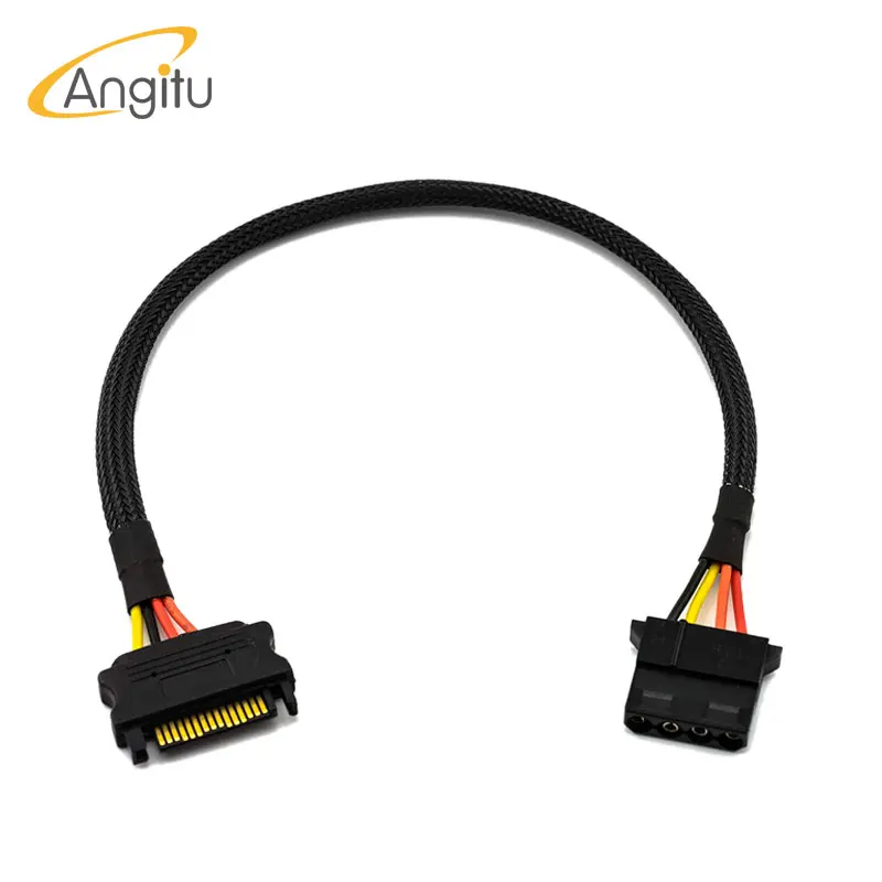 Angitu SATA 15Pin Male To Molex 5.08mm Power Adapter Cable IDE to Sata male Converter Cable Black Sleeved 30cm