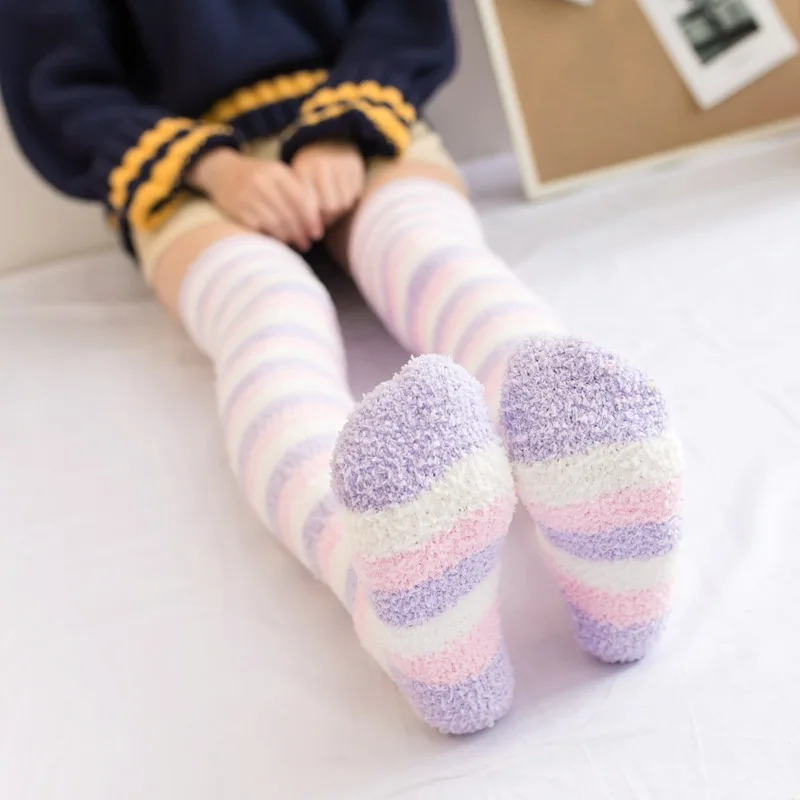 Soft Coral Fleece Knee Socks Winter Warm Girl Women Cute Cartoon Animal Stockings Striped Cozy Thigh High Christmas