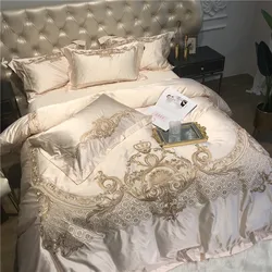 Luxury Super Soft Damask Sateen Egyptian Cotton Champagne Bedding Set 4Pieces Premium Chic Embroidery Duvet Cover Bed Sheet set