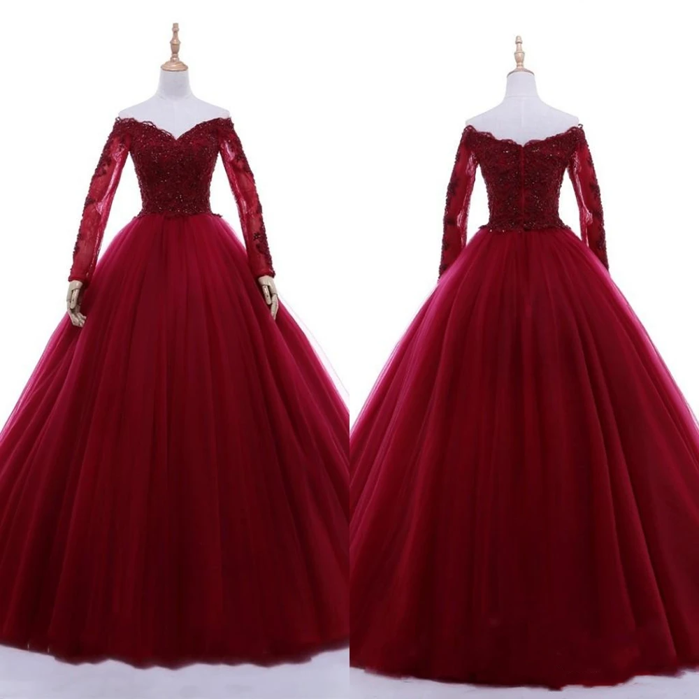 2021 Wine Red Ball Gowns Prom Dress For Sweet 16 Off The Shoulder Illusion Long Sleeve Lace Beaded Sequins Graduation Dress