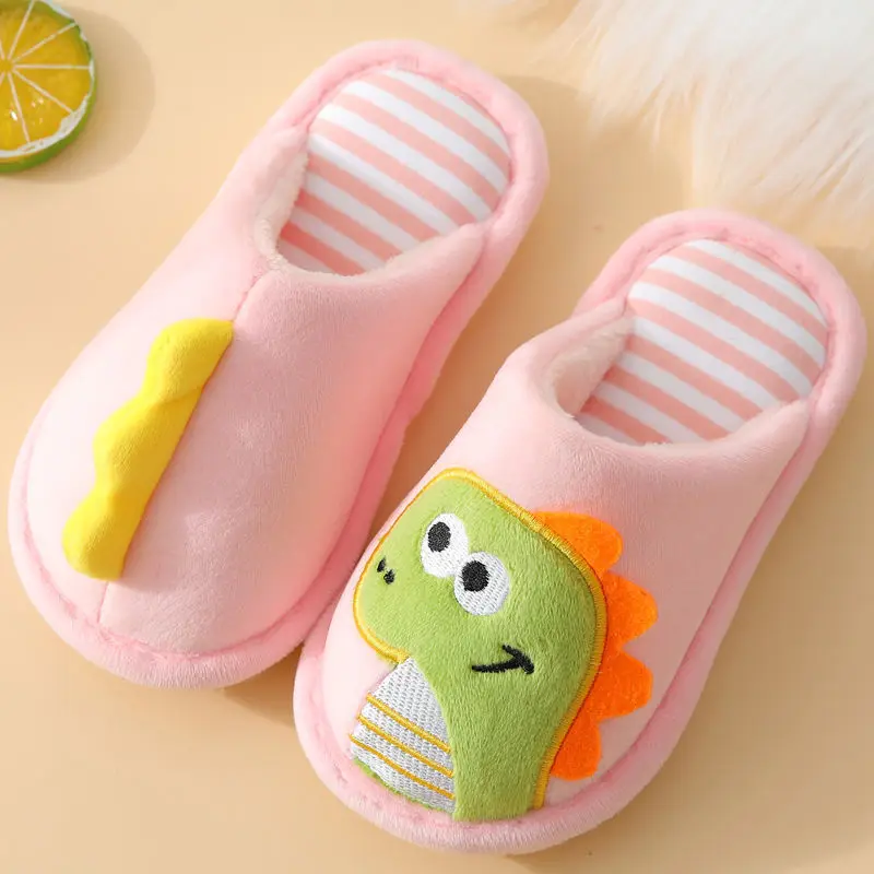 Children Winter Slippers Plush Warm Cotton Cartoon Dinosaur Kids House Slippers Soft Anti-slippery Floor Shoes for Boys Girls