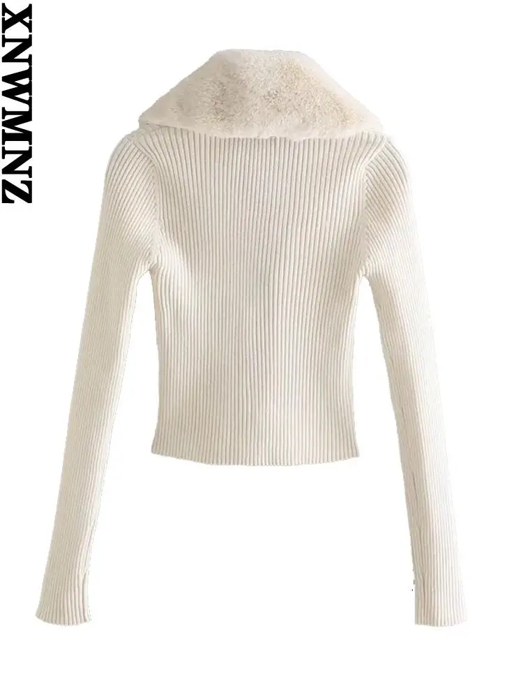 XNWMNZ 2021Women Fashion Patchwork Faux Fur Knitted Cardigan Sweater Vintage With Tied Female Long Sleeve Outerwear Chic Tops