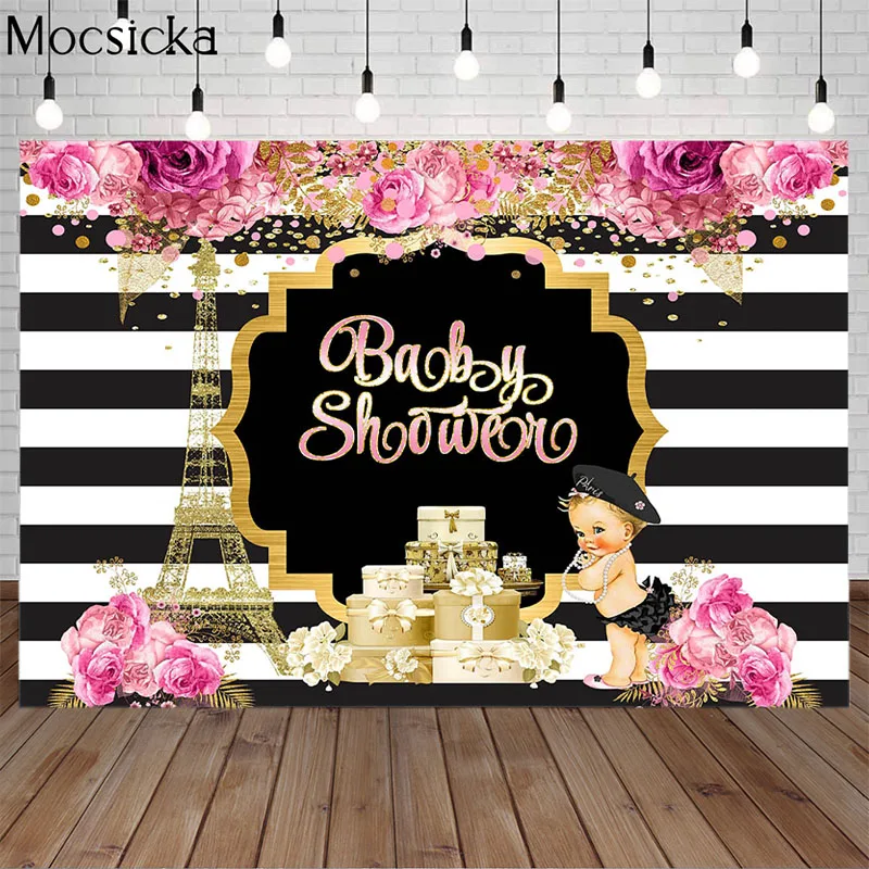 

Mocsicka Black White Stripes Birthday Backdrop Floral Eiffel Tower Photography Background Child Party Decorate Props Baby Shower