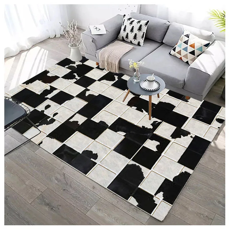 

European Luxury Home decor Carpets Black White Imitation Cowhide 3D Printing Carpet living room bedroom Area Rugs kitchen Mats