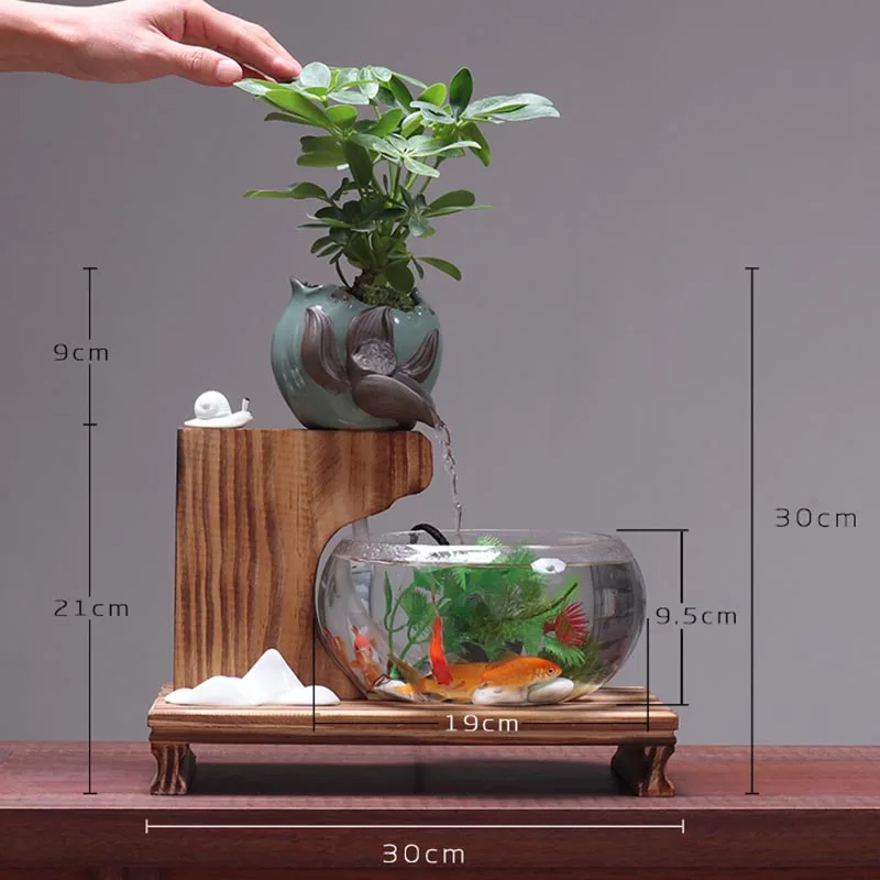 Transparent Glass Fish Tank Lucky Feng Shui Ceramic Water Fountain Indoor Desktop Fountains Ornaments Home Decor Gift