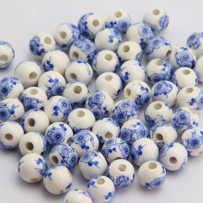 10Pcs/lot 8 10 12 14 mm Chinese Style Plum Blossom Round Ceramic Loose Beads For Handmade Diy Jewelry Making Supplies Wholesale