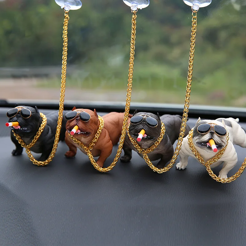 Simulated Bully Pitbull Dog Dolls Car Ornaments Super Cool Car Dashboard Decoration Ornament With Anti-slip Mat Resin Toys Gifts