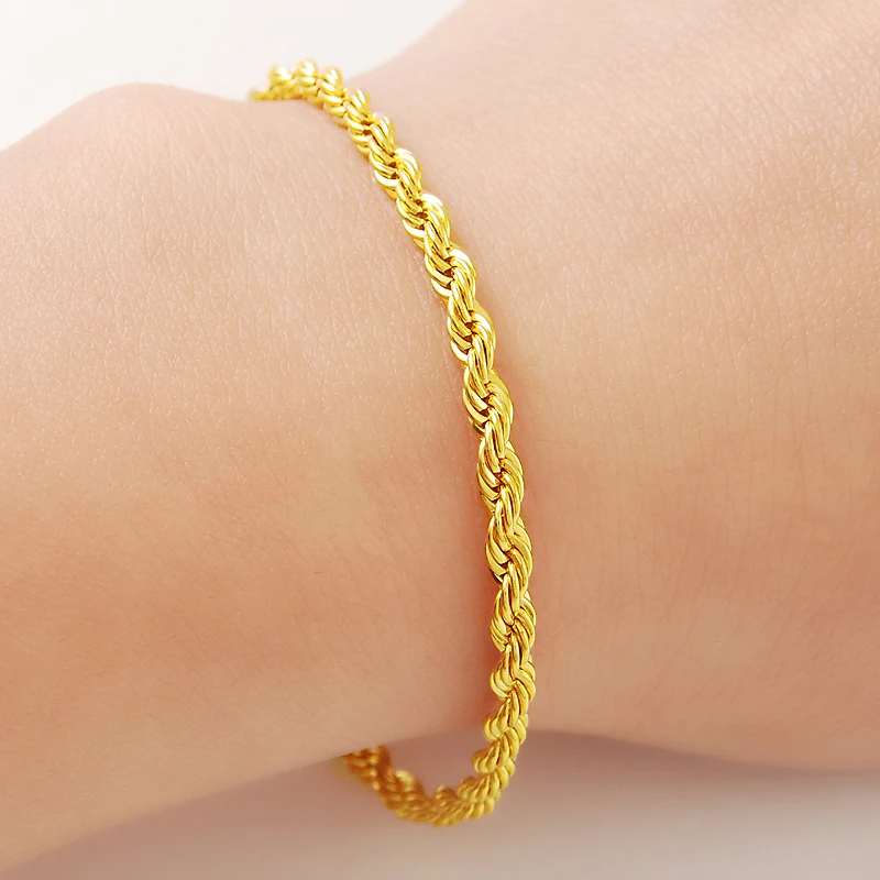 24K Real Gold Bracelet 3MM Twisted Rope Twisted Gold Plated Bracelet for Men & Women Wedding Jewelry Gifts