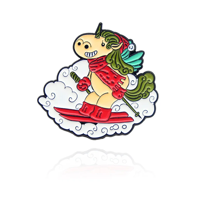 Cartoon Ski Game Unicorn Speeding Gliding Cartoon Cute Animal Alloy Personality Brooch Trend Badge Neutral All-Match Jewelry Ins