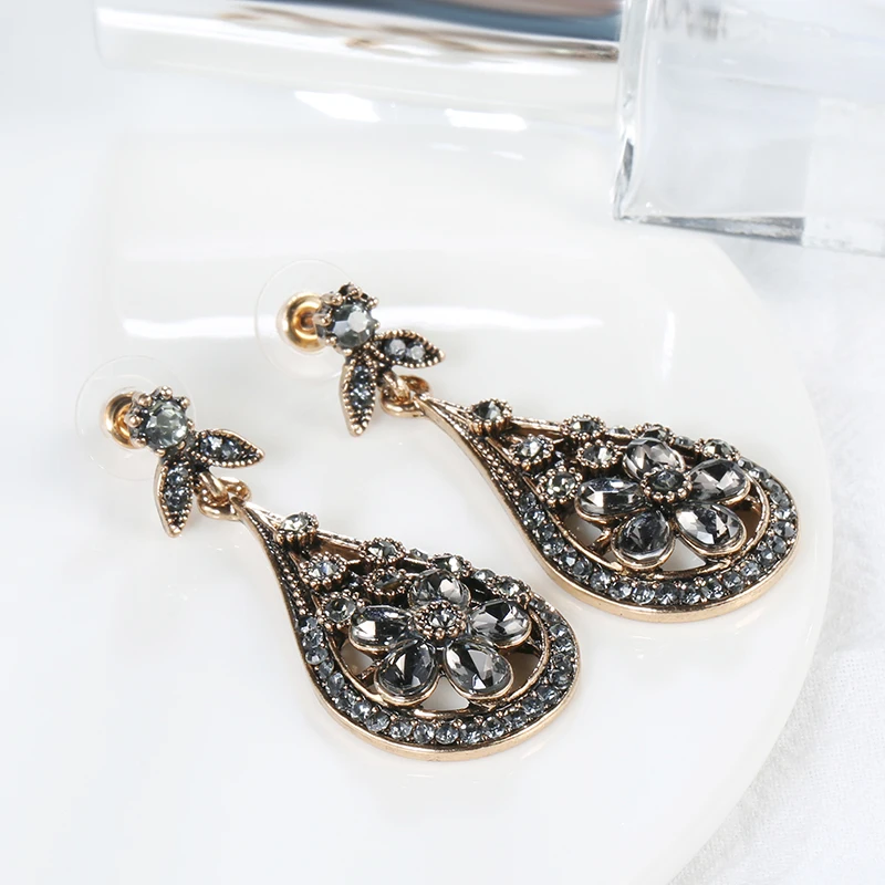 Wbmqda Vintage Crystal Flower Drop Earring For Women Ethnic Bride Jewelry Antique Gold Color Dangle Earring Arabesque Bijoux